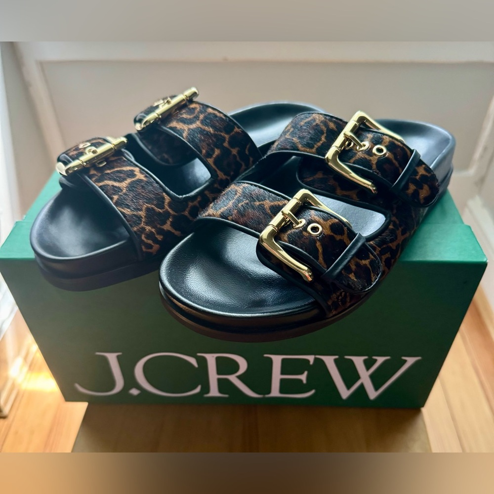 J. Crew New Colbie Wide Strap Gold Buckle Sandals in leopard print calf hair - Picture 5 of 8